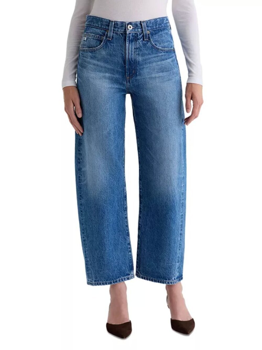 AG Jeans Hattie High-Rise Taper Barrel Cotton Leg Ankle Jeans Med Blue Wash, 30